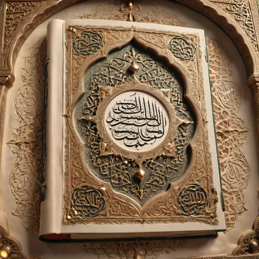 Prompt: 3D rendering of the Quran book, intricate Arabic calligraphy, soft lighting, high quality, realistic, traditional, golden hues, spiritual ambiance, ornate design, tranquil atmosphere, embossed cover, delicate pages, symbolic, sacred, spiritual, close-up detail, peaceful vibes, detailed textures