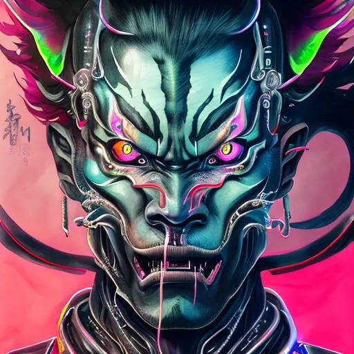 Watercolor portrait of a roaring neon hannya with ir... | OpenArt