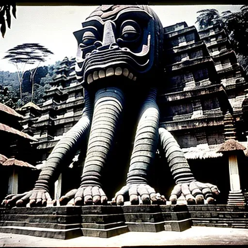 Prompt: giant living creature found in Indonesia temple circa 1950
