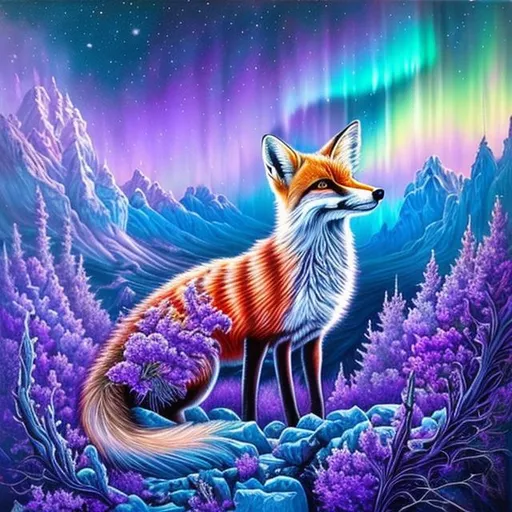 Prompt: masterpiece:1.5, detailed oil painting, insanely detailed, Best Quality:1.5) insanely beautiful wise vixen fox, ageless, ice elemental, lavender pelt, (veiled in auroras), psychedelic colors, (calm hypnotic eyes gleaming amethyst-violet), calm regal smile, stands majestically on a celestial mountain, gorgeous frosted silver mane, insanely detailed fur, insanely detailed eyes, insanely detailed face, slender, (magic violet highlights in fur), crackling lightning, ice storm, (lightning halo), tilted halo, lightning charged atmosphere, enchanting moonlight beaming through clouds, 64K