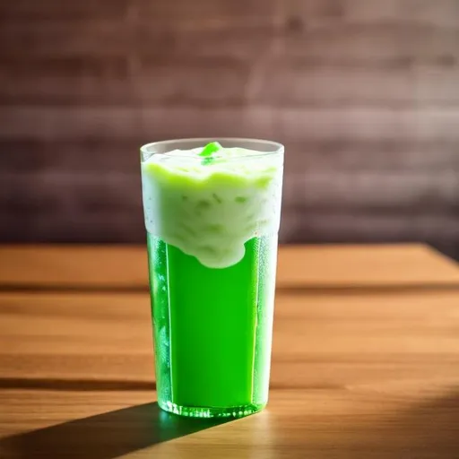 Prompt: a green soft drink in a transparent cup third of the cup filled with foam