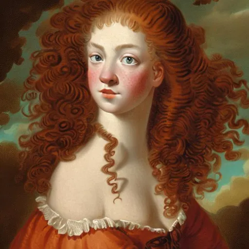 Prompt: Young woman in 18th century,red curly long hair with amber eyes, pale skin, with freckes, chubby face
Dressed with 1760 gown
 