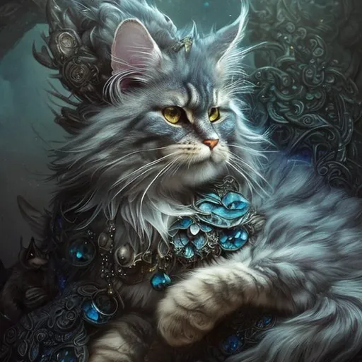 Prompt: illustration main coon elfin king, detailed, blue labradorite embellished,  king of his realm cat, ultra intricate, photorealistic, fantasy realism in the style of Jean-Baptiste Monge