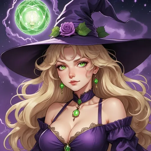 Prompt: tarot card Anime illustration, a mature blonde with 
wavy hair which clearly  wields magic in form of purple thunder. She's called Lisa know but is also known as 'Witch of Purple Rose' She has intensely green eyes, pale complection, sizeable decolletage and gentle yet flirty face. A small lantern hangs from the tip of her pointy hat.