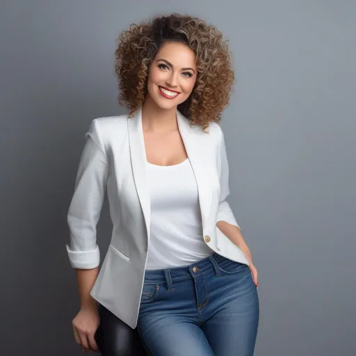 Prompt: An attractive 35 year old woman with very curly hair, elegant, large eyes, modern, stylish makeup, full body view, white tshirt with jacket and blue jeans, happy, smiling, (erotic), office background