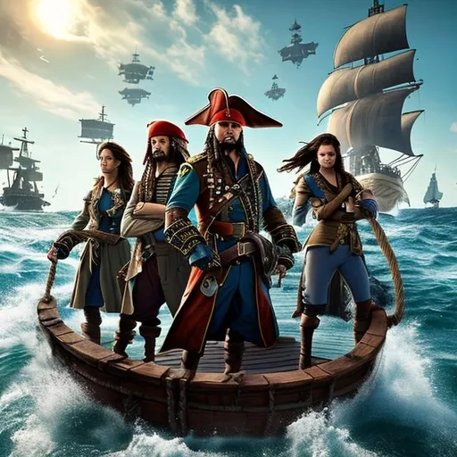 Prompt: A captain and his crew ride through the ocean on a large pirate ship. standing on the deck they can see In the distance a fleet of navy ships. The pirates ready themselves for what may be their final battle. The captain pulls a cutlass out and points it at the enemy. Looking ahead he is completely stone-faced as they sail ahead. The rising sun can be seen behind the fleet on the horizon.