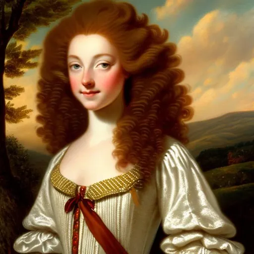 Prompt: Cottagecore scotland lass red long curly hair, yellow ambar eyes, pale skin with freckes 
Dressing robe a la francese in 1770