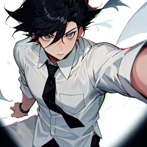 Prompt: an anime boy with black hair and grey eyes wearing white shirt with black tie