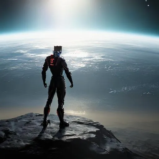 Prompt: superhero in all black looking at earth from space