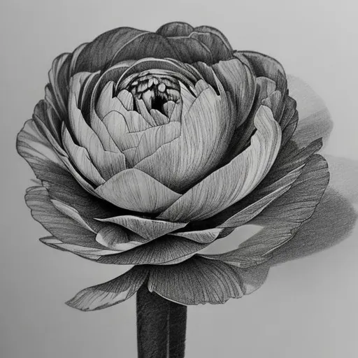 Prompt: A pencil sketch of a ranunculus flower in black ink with a see through background
