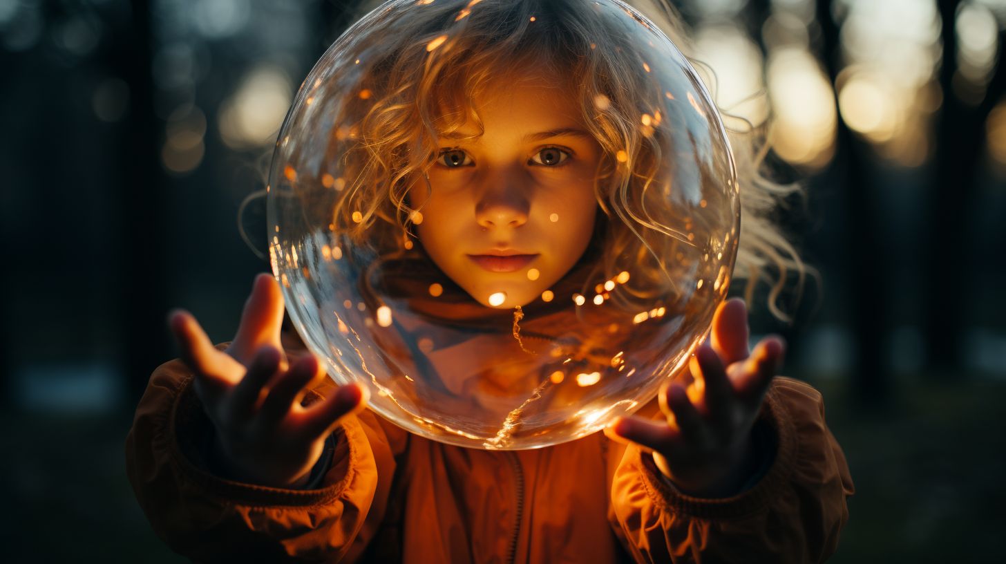 Prompt: girl reflection on a soap bubble in the wind