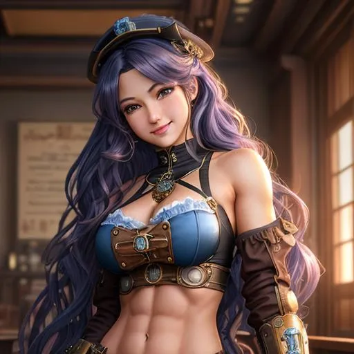 Prompt: extremely realistic, hyperdetailed, steampunk theme, extremely long blue wavy hair anime girl, blushing, smiling happily, wears steampunk clothing, toned body, showing abs midriff, highly detailed face, highly detailed eyes, full body, whole body visible, full character visible, soft lighting, high definition, ultra realistic, 2D drawing, 8K, digital art