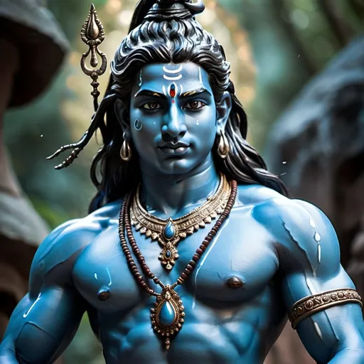 Prompt: Muscular Hindu god Shiva, young man, loincloth, divine aura, blue skin, spiritual, gentle, divine, detailed features, serene expression, intricate jewelry, spiritual essence, peaceful lighting, pristine beauty