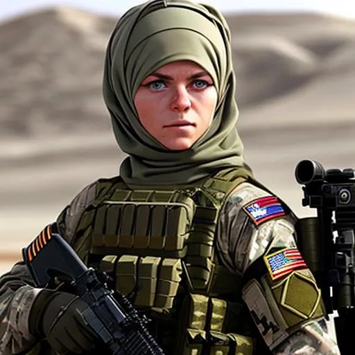 Prompt: Sara Sigmundsdóttir, military soldier, special forces, tactical, tan hijab, scifi

