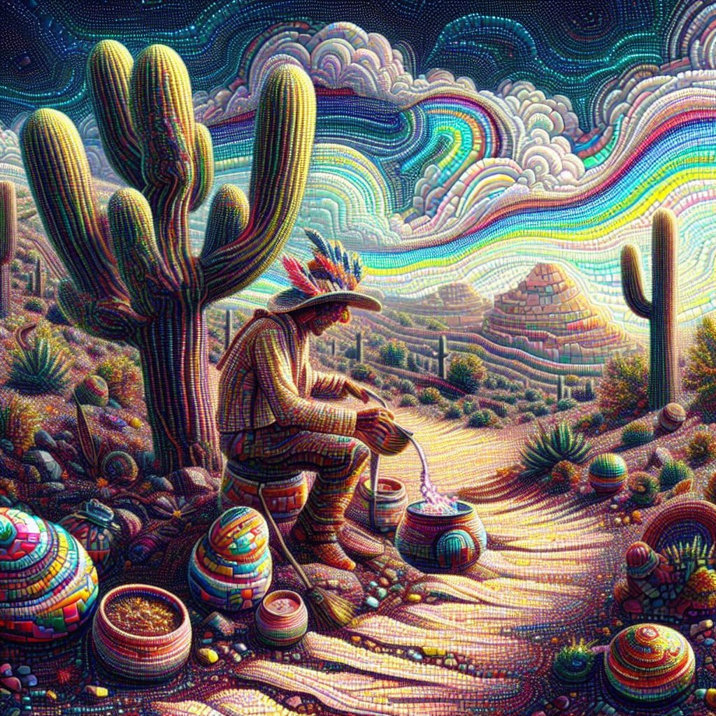 Prompt: mescaline trippy peyote psychedelic desert dreams in style of pixelized glass mosaic