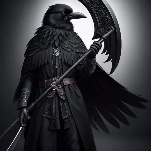 Prompt: extremely realistic, hyperdetailed, anthropomorphic humanoid crow, holding a scythe, highly detailed face, highly detailed eyes, full body, whole body visible, full character visible, dark lighting, high definition, ultra realistic, 2D drawing, 8K, digital art