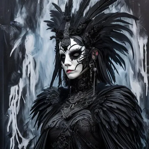 Prompt: raven queen with a white porcelain mask and black feathers all around her full body with a black robe

realistic dark oil painting, 8k, many details