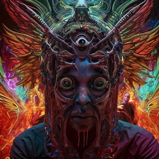 Prompt: human man who is having a psychedelic LSD hallucination of angels and demons surrounding his body side view seated on a chair detailed faces hyper realistic extremely detailed dark cinematic 4K