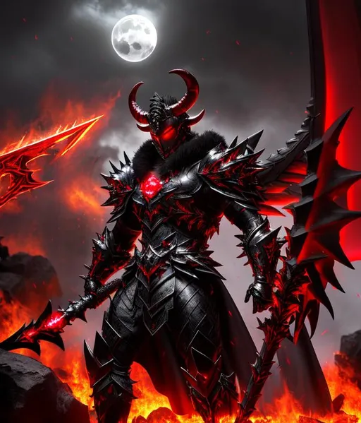 Prompt: HDR, UHD, 64k, Hyper realistic, Cinematic, black spiky armor, muscular body, red eyes, red flame and ashe aura, red glowing armor parts, shining ruby on chest, goat horned helmet, black bone wings, huge double-sided battleaxe that glows like hot metal, blood red ripped cape, red crescent moon in the background, gray moon landscape, huge lava lakes, lava geysirs