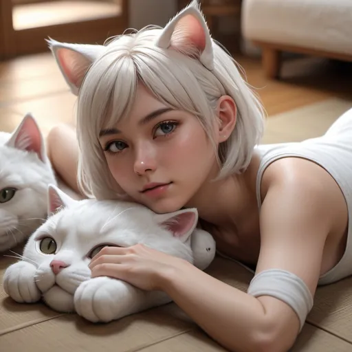 Prompt: cat ears, girl, short white hair, lying down, cat paws, mid-shot, indoor, tatami, pillow, loose t-shirt, no bottoms, softly glowing highlights, in muted pastel colors, hyper-realistic, intricate, detailed, maximalist, in 8k resolution, Art Staton style, Unreal Engine 5, CG Society