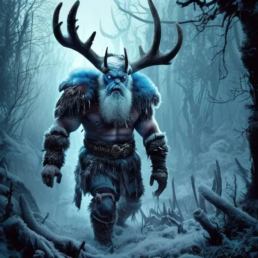 Prompt: a frost giant (jotunn) mostly rugged looking with partially blue flesh wearing leather pauldrons walking through the woods, elk antlers on head, hyperrealistic, 
, detailed intricate ink illustration, dark atmosphere, detailed illustration, hd, 4k, digital art, overdetailed art, concept art, by greg rutkowski, by loish, complementing colors, Trending on artstation, deviantart