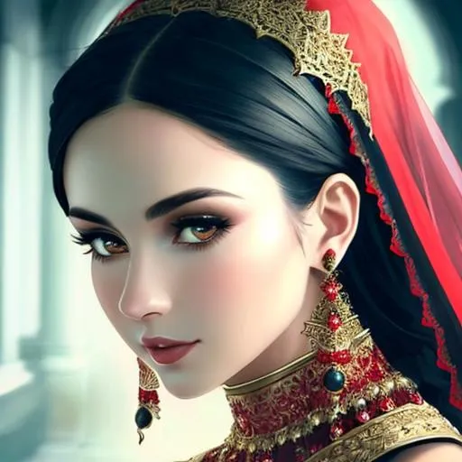 Prompt: woman beautiful dark haired woman , ornate clothes, red veil