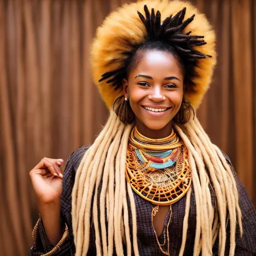 Prompt: Gorgeous smiling African Queen
With dreadlocks in regalia