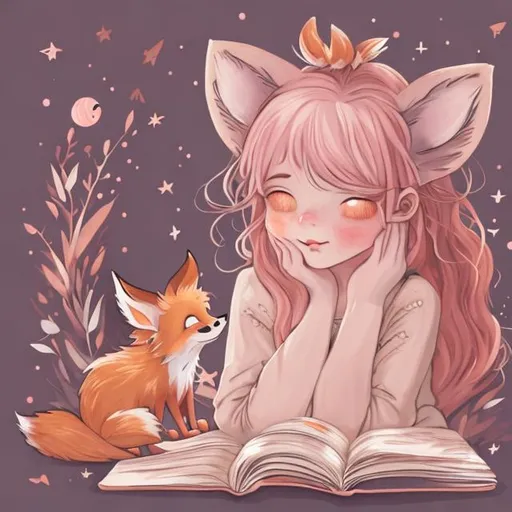 Prompt: Shy little girl with rose gold pinkish hair and fox ears cradling a fox colorful storybook illustrations 