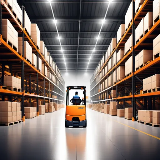 Prompt: Create an image of a distribution center operated by well-lit electric forklifts that stand out from the background. 
Suggest safety elements for people who work inside the warehouse