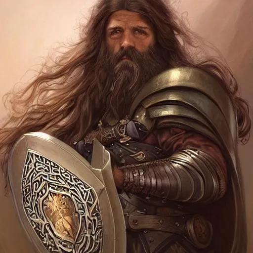 Prompt: portrait, handsome long - haired male fantasy cleric, brown beard, , stern expression, large shield , highly detailed, digital painting, sharp focus, illustration, artgerm, tomasz alen kopera, peter mohrbacher, donato giancola, joseph christian leyendecker, wlop, frank frazetta