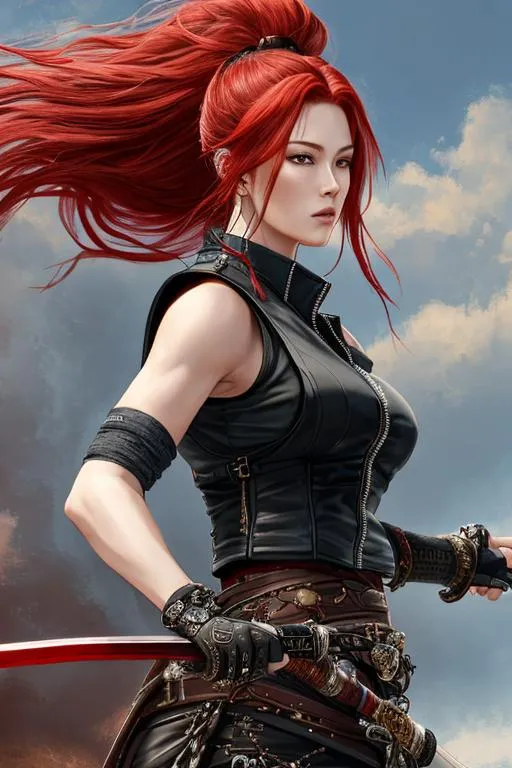 Prompt: UHD, hd , 8k, oil painting, fantasy, hyper realism, digital art  Very detailed, zoomed out view of character,  female warrior character  with long red hair, in her right hand she holds a katana its blade is facing outward away from her , the katana facing forward, she is wearing a  black sleeveless sweater with a blue leather biker vest over top,  she wears black shorts and belt and wears  knee high boots, 