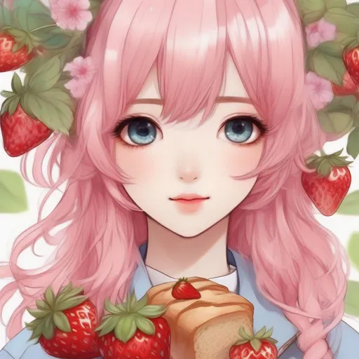 Prompt:   anime girl manhwa style cute and pretty, with eye pretty detailed, ate Strawberries bread, with pink hair