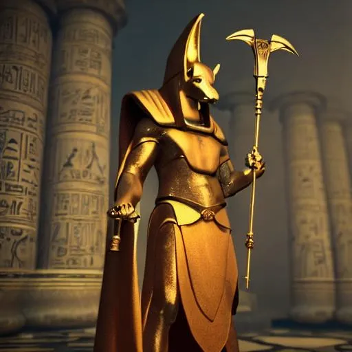 Prompt: Anubis, in a cloak, ready for battle, 
gloved hands, ultra HD, holding a fire lit staff, hieroglyphics, ultra crisp, 16k, unreal engine 5, sharp definition, mystical feel, insanely epic, mythology, gods, amazing quality , sharpen focus