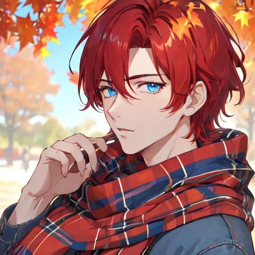 Prompt: Zerif 1male (Red side-swept hair covering his right eye, blue eyes), highly detailed face, wearing a cozy flannel shirt and a pair of stylish jeans. In the park, fall.  wearing a scarf, looking up at the sky, in a pumpkin patch, adult. Handsome,  detailed, UHD, HD, 4K, highly detailed, red haze, masculine, anime style