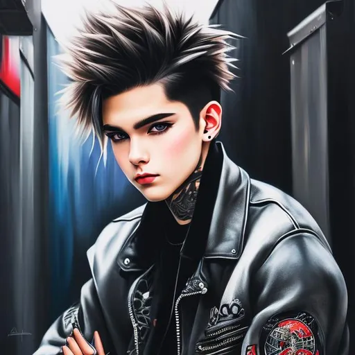Prompt: Highly detailed, anime boy, award winning Painting, white blonde short hair, round shiny blue eyes, torn black jeans, leather jacket, moody lighting, neck tattoo, tan, head tilt, sitting on motorcycle, Professional painting