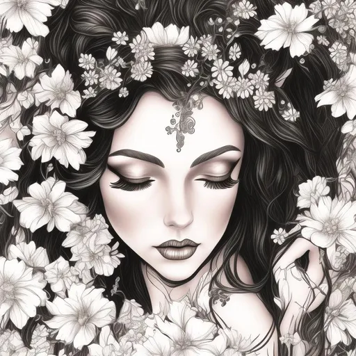 Prompt: beautiful female brunette sleeping among flowers, fairy wings, elf ears, art deco, coloring book style, black and white illustration, intricate lineart, sharp focus, high quality