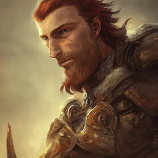 Prompt: head and shoulders portrait of a roughly handsome ranger, red hair covering ears, brown eyes,  no hair on face, leather ,d & d, fantasy, intricate, highly detailed, digital painting, artstation, concept art, smooth, sharp focus, illustration, art, epic background