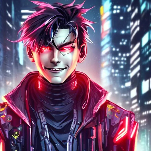 Prompt: A handsome guy, cyber punk, long hair, red eyes, smiling at the camera,
