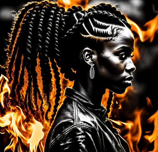 Prompt: black woman Angel black, braids, burning in hell fire, distressed, ultra hd, highly detailed, 64k