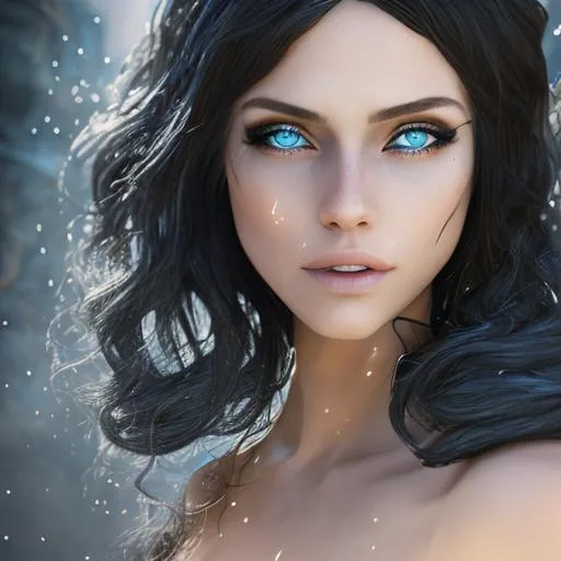 Prompt: character design, portrait of beautiful dark haired female assassin, aqua blue eyes, beautiful, Cinematic, portrait, Photography, Shot on 70mm, Telephoto, Depth of Field, F/2.8, high Contrast, 4K, Cinematic, Volumetric Lighting, intricate details, extremely detailed, hyperrealism, photorealistic, Unreal Engine, Octane Render, bokeh
