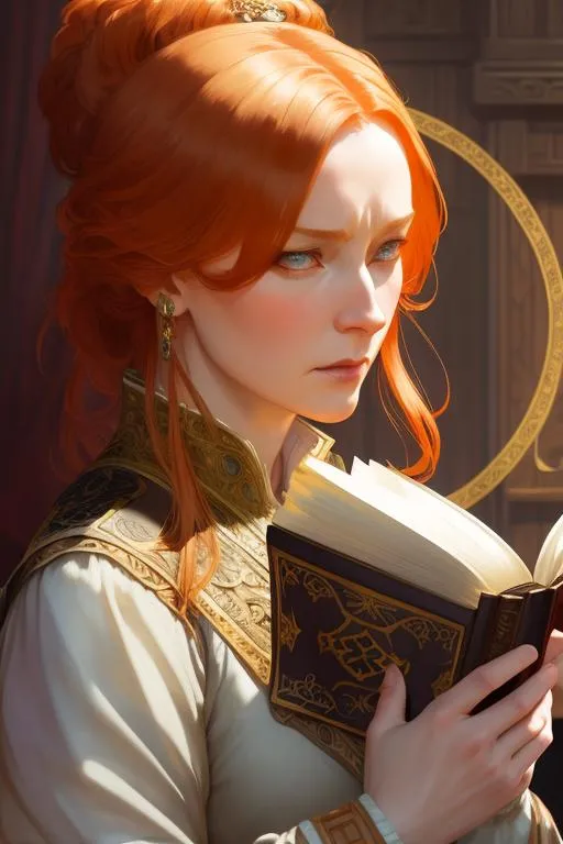 Prompt: a  old ginger human female, book, clever, angry looking, poor clothes,  night, polish folk clothing , medival outfit , full pose, wooden mansion in the backgroyund, high quality face details, by ruan jia, by alphonse mucha, by krenz cushart, by Julie Bell, by Gerald Brom,  beautiful intricate exquisite imaginative exciting, fantasy, shadows,  vray render, artstation, deviantart, pinterest, 5 0 0 px models, high resolution, blender
