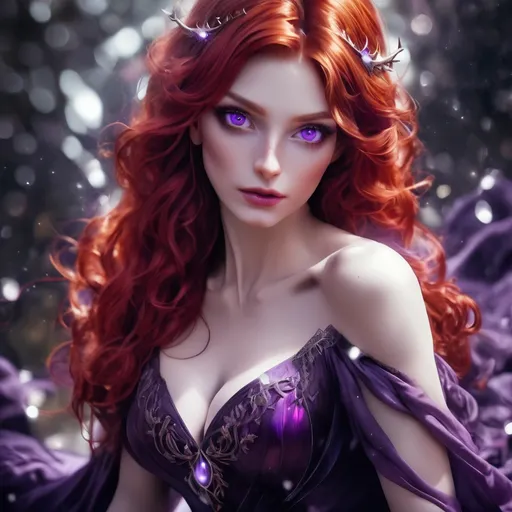 Prompt: stunningly beautiful searer sorceress with milky white eyes, red hair and wearing a purple dress, glowing, dark fantasy