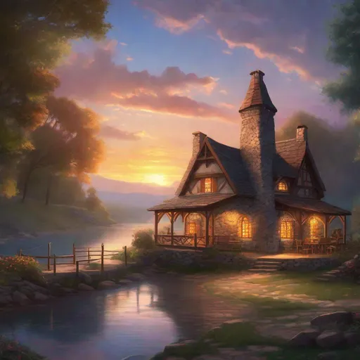 Prompt: RPG, high res, illustration, sunset, stars, an 18th-century colonial tavern {cottagecore}, medieval stone tower, pointed wooden roof, ((otherworldly)), Beautiful space, along a scenic river bank. in the style of Thomas Kinkade. 