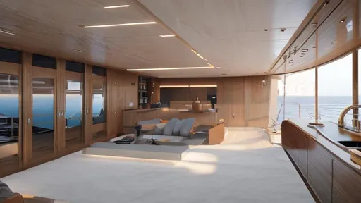 Prompt: a minimalist boiler room interior inspired on a modern sailing yatch with marine walls with large square golden wood windows that look to an island at  cloudy sunrise 
