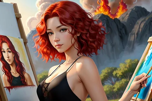 Prompt: Draw a calm human who is average height and skinny, with short, frizzy red hair, brown eyes, and a fair skin tone. They love painting. They want to adopt stray and unwanted dragons but are afraid of fire.