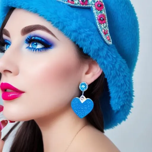 Prompt: Elise Stefanik eating frosty blue cake together, inside temple bakery,  blue lipstick, pleasant face, blue eyes, cookie eyeshadow, Sugar Hat, extremely large ice cream earrings. Wide Blue heart necklaces, Cold color scheme, ultradetailed, 8k resolution, perfect, smooth, high quality, shiny. 