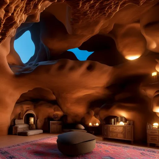 Prompt: cave interior with living room furniture, Genres: sci-fi, Fantasy; Styles: Imaginary, Hyper-Realism; Techniques: Soft brushwork, Glazing, Color Blending; Light settings: Warm and soft, Colors: vibrant shades; Descriptive terms: Dreamlike, Enchanted, Joyful, Playful, Whimsical; 8K 3D, CGSociety, 8K resolution