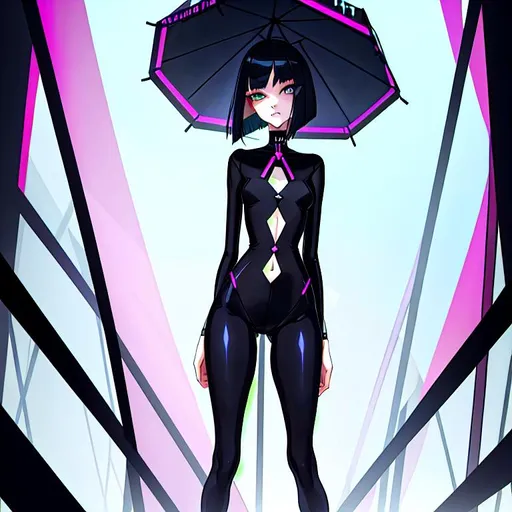 Prompt: a lonely AI girl, very tall, thick thighs, wide hips, long legs, slender arms, slender waist, big beautiful symmetrical eyes, intriguingly beautiful face, aloof expression, bob haircut with bangs, wearing acid neo-GothPop fashion clothes, 12K resolution, hyper quality, hyper-detailed, hyper-realistic, hyper-professional
