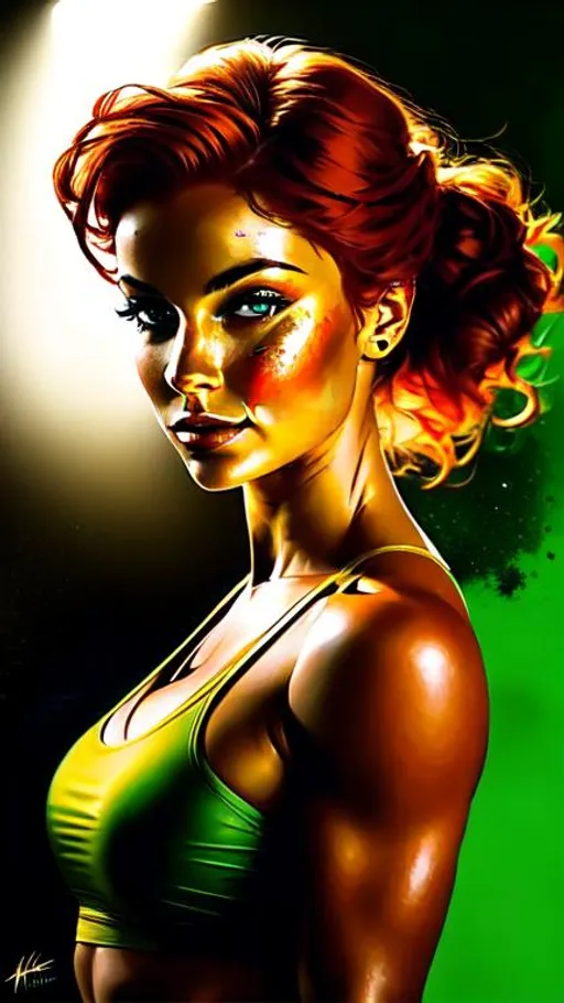 Prompt: an unknown real-life super-heroes, an attractive woman, with red hair and ultra-realistic green eyes, a realistic tan complexion, a beautiful body, muscular body, heroic character portrait, ultra-realistic, concept art, intricate details, studio lighting, symmetrical, ideal human, ultra details, super detailed, 64k, detailed body, full body, looking into the camera smooth, sharp, focus; illustration, golden ratio.