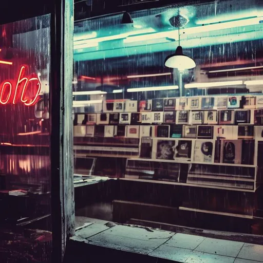 Prompt: an empty record store with neon signs on a rainy day